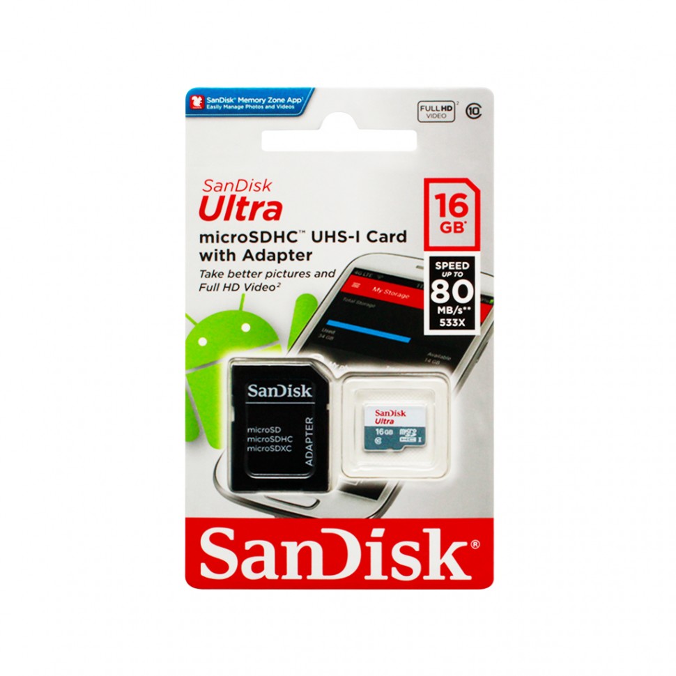 Карта памяти SanDisk MicroSD 16Gb Class 10 Ultra Android UHS-I (80 Mb/s) с SD адаптером