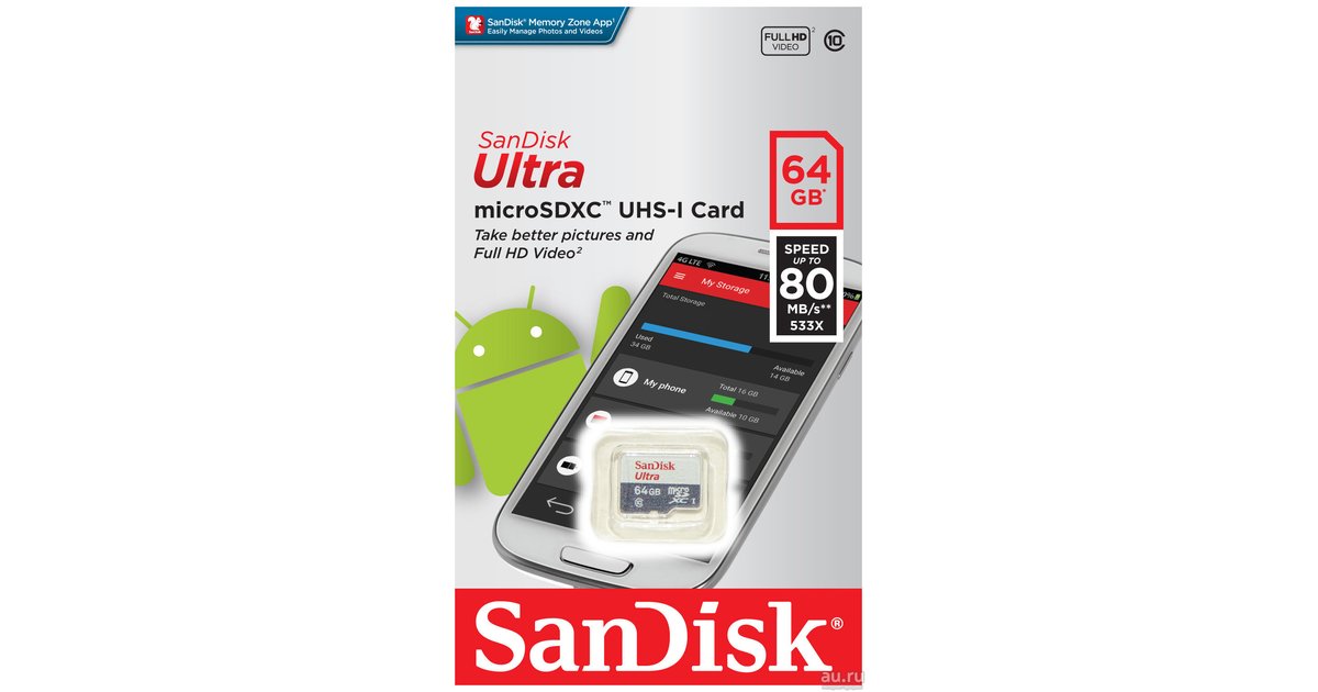 Карта памяти microsdxc 64 гб sandisk ultra sdsqunr 064g gn3mn