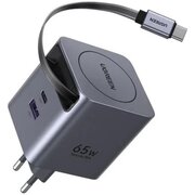  Сетевое зарядное устройство UGREEN X615 (65825) 65W GaN Fast Charger USB-C USB-A with Retractable Cable USB-C серый космос 