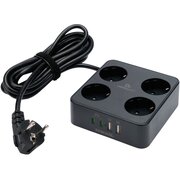  Сетевой фильтр Cablexpert PLT-4-C2U2-B-3 Plate 4р, 10А, 2xType-C PD, 20Вт, 2xUSB, 3м, ур.защиты 4+, черный, коробка 