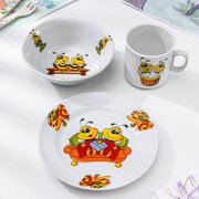  Набор посуды «Пчёлы», 3 предмета: кружка 200 мл, салатник 350 мл, тарелка мелкая d=16,5 см, рисунок МИКС (1035472) 