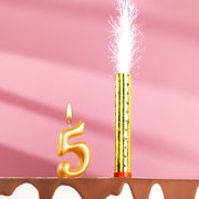 Свеча для торта цифра "Овал + фонтан" золотая "5" (3725146) 