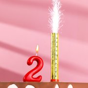  Свеча для торта цифра "Овал" красная "2" + фонтан (3825153) 