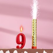  Свеча для торта цифра "Овал" красная "9" + фонтан (3825160) 