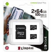  Комплект карт памяти Kingston SDCS2/64GB-2P1A microSDHC Canvas Select Plus, 2x64GB, UHS-I Class 10 U1 A1 с адаптером 