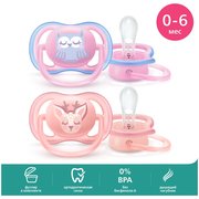  Пустышка PHILIPS ultra air SCF085/02, Сова/Олень, 0-6мес, 2шт, для девочек 