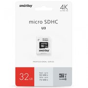 Карта памяти SMARTBUY (SB32GBSDCL10U3-01) MicroSDHC 32GB CLASS10 Pro U3 R/W: 90/70 MB/S (с адаптером SD) 