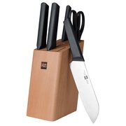  Набор стальных ножей HuoHou HU0057 Black RUS 4 ножа+ножницы+деревянная подставка c облиц. из бука черный 