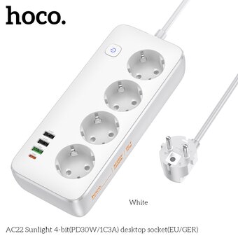  Сетевой фильтр HOCO AC22 Sunlight 4-bit (PD30W/1C3A) L-1.5M белый 