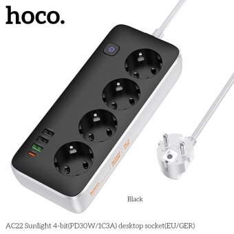  Сетевой фильтр HOCO AC22 Sunlight 4-bit (PD30W/1C3A) L-1.5M черный 
