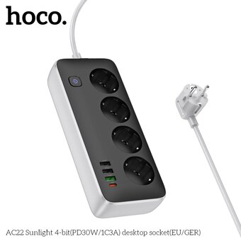 Сетевой фильтр HOCO AC22 Sunlight 4-bit (PD30W/1C3A) L-1.5M черный 