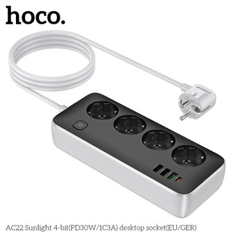  Сетевой фильтр HOCO AC22 Sunlight 4-bit (PD30W/1C3A) L-1.5M черный 