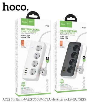  Сетевой фильтр HOCO AC22 Sunlight 4-bit (PD30W/1C3A) L-1.5M черный 