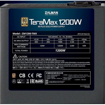  Блок питания Zalman ZM1200-TMX, 1200W, ATX12V v2.52, APFC, 12cm Fan, 80+ Gold, Full Modular, Retail 