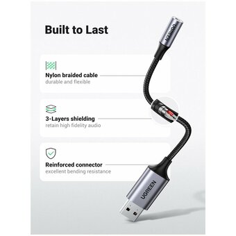  Переходник UGREEN CM477 (30757) USB 2.0 to 3.5mm Audio Adapter Aluminum Alloy 25cm Dark Gray 