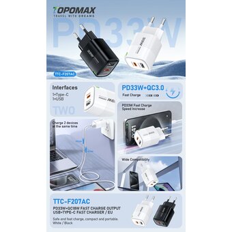  СЗУ TOPOMAX TTC-207AC GAN PD 35W, QC18W, USB-A, USB-C белый 