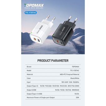 СЗУ TOPOMAX TTC-207AC GAN PD 35W, QC18W, USB-A, USB-C белый 