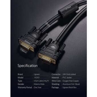  Кабель UGREEN VG101 11633 VGA Male to Male Cable 10m Black 