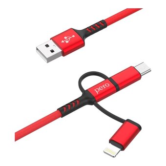  Дата-кабель PERO DC-06 Universal 3 in 1 Lightning/micro USB/Type-C, 3А, 1м красный 