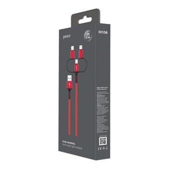  Дата-кабель PERO DC-06 Universal 3 in 1 Lightning/micro USB/Type-C, 3А, 1м красный 