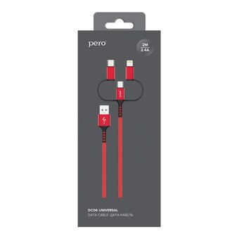  Дата-кабель PERO DC-06 Universal 3 in 1 Lightning/micro USB/Type-C, 3А, 1м красный 