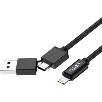  Дата-кабель PERO DC-07 Universal 2 in 1, USB-A + PD to Lightning, 1m Black 