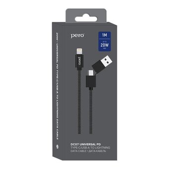  Дата-кабель PERO DC-07 Universal 2 in 1, USB-A + PD to Lightning, 1m Black 