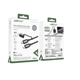  Кабель ACEFAST AF-C20-01-BK USB-C To USB-C/Lightning Aluminum Alloy Connectors Charging Data Cable Black 