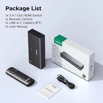  Переключатель UGREEN AW504 (55857) HDMI Switch 3 In 1 Out 4K@60Hz Black 