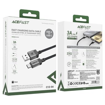  Кабель ACEFAST AF-C12-04-BK USB-A To USB-C Transparent Shell Stainless Steel Charging Data Cable Black 