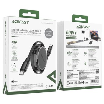  Кабель ACEFAST AF-C13-03-BK USB-C - USB-C 60W Retractable Charging Data Cable Black 