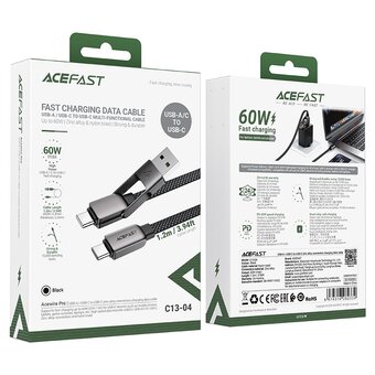  Кабель ACEFAST AF-C13-04-BK USB-A/USB-C To USB-C Zinc Alloy Connectors Charging Data Cable 1,2m Black 