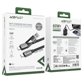  Кабель ACEFAST AF-C13-05-BK USB-A/USB-C To USB-C Short Zinc Alloy Connectors Charging Data Cable 0,2m Black 