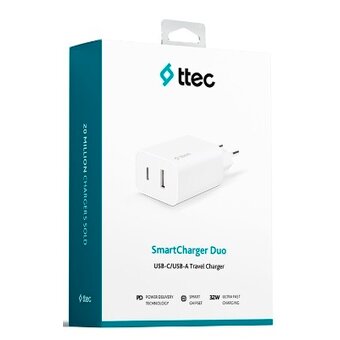 СЗУ TTEC 2SCS24B SmartCharger Duo 30WPD Travel Charger USB-C+USB-A White 