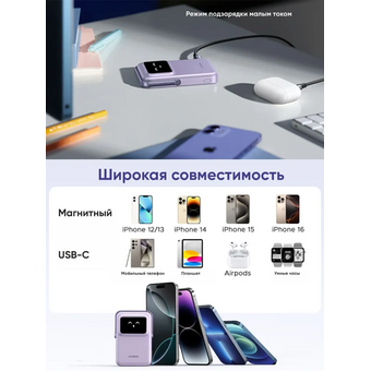  Внешний аккумулятор UGREEN PB572 (45328) UNO 10000mAh Mini Magnetic Wireless Robot 20W Power Bank With Hoder Purple 