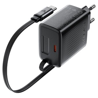  Зарядное устройство ACEFAST AF-A110-BK PD 30W Gan Charger USB-C+USB-C With Retractable Cable Black 