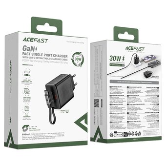  Зарядное устройство ACEFAST AF-A110-BK PD 30W Gan Charger USB-C+USB-C With Retractable Cable Black 