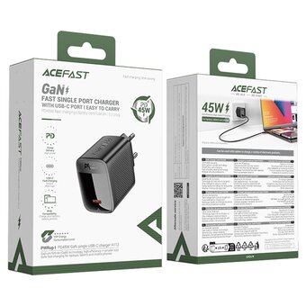  Зарядное устройство ACEFAST AF-A112-BK PD45W Gan Single USB-C Charger EU Black 
