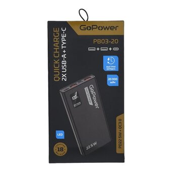  Внешний аккумулятор GoPower PB03-20 20000mAh 3.0A 22.5W 2USB/Type-C черный (00-00029660) 