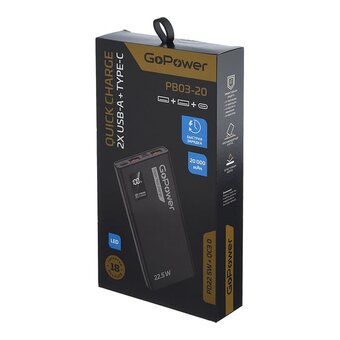  Внешний аккумулятор GoPower PB03-20 20000mAh 3.0A 22.5W 2USB/Type-C черный (00-00029660) 