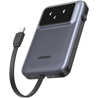  Внешний аккумулятор UGREEN PB511 (35603B) UNO 10000mAh Charging 30W Power Bank with Display&Build-in U-C Cable Gray 
