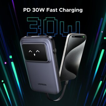  Внешний аккумулятор UGREEN PB511 (35603B) UNO 10000mAh Charging 30W Power Bank with Display&Build-in U-C Cable Gray 