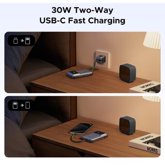  Внешний аккумулятор UGREEN PB511 (35603B) UNO 10000mAh Charging 30W Power Bank with Display&Build-in U-C Cable Gray 
