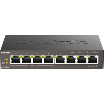  Неуправляемый коммутатор D-Link DGS-1008P/F3A с 8 портами 10/100/1000Base-T (4 порта PoE 802.3af/at, PoE-бюджет 60Вт) 