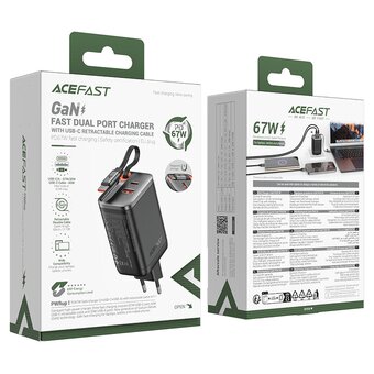 Зарядное устройство ACEFAST AF-A111-BK PD67W Gan Charger 2*USB-C+USB-A With Retractable Cable Black 