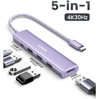  Конвертер UGREEN CM478 (35581) USB-C To HDMI 4K 31Hz+3*USB 3.0 A+PD Power Converter Blue 
