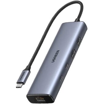  Конвертер UGREEN CM512 (45320) USB 3.2 C to USB-A 3.2+USB-A 2.0+2* USB-C 3.2 Converter + Gigabit with USB-C Power Port серый 