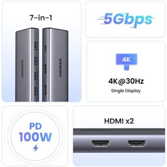  Хаб UGREEN CM498 (35897) 7-in-1 USB-C to USB-A 3.2+3*USB-A 2.0+2*HDMI+PD Port Converter Gray 