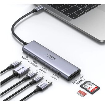  Хаб UGREEN CM511 (45521) 7-in-1 4K 60Hz USB-C To HDMI+2xUSB-C 3.2+1xUSB-A 3.2+SD/TF+PD Converter Gray 