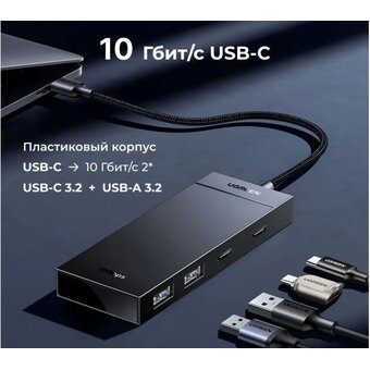  Хаб UGREEN CM806 (35583) USB-C To 2xUSB-A + 2xUSB-C HUB without PD Black 
